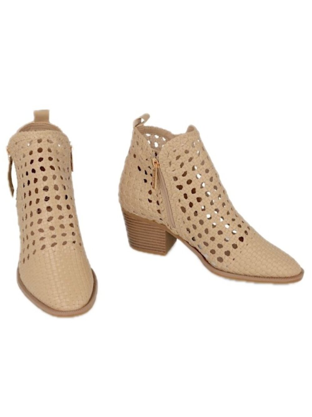 Carmela Block Heel Braided Style Ankle Booties Beige w Side Zippers Women 38 NEW
